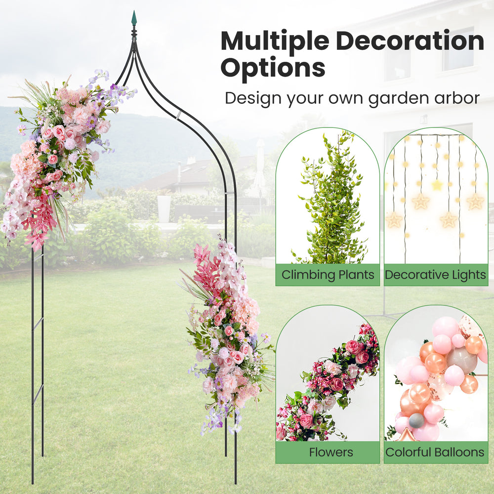 Decorative metal garden arch with pointed curves, ideal for weddings and parties, supports climbing plants and floral.