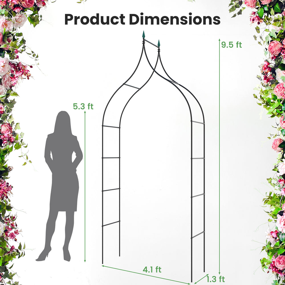 Decorative metal garden arch measuring 9.5 feet, ideal for weddings and parties, with intricate curves and sturdy.
