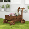 Decorative wooden wagon cart in rustic brown with flowers, featuring wheels, handle, and drainage hole for garden use.