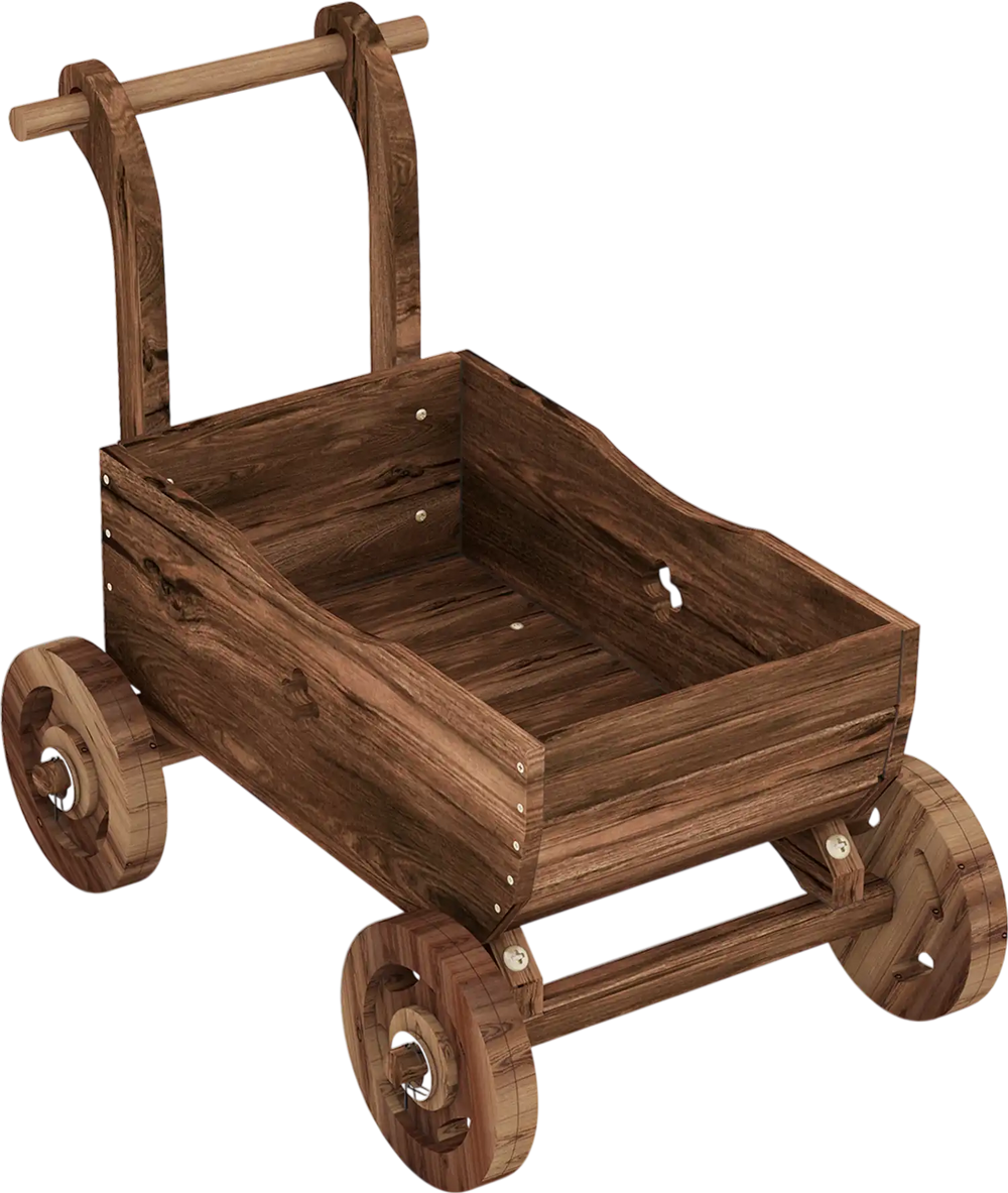 Decorative wooden wagon cart in rustic brown, featuring wheels, handle, and drainage hole for versatile plant display.