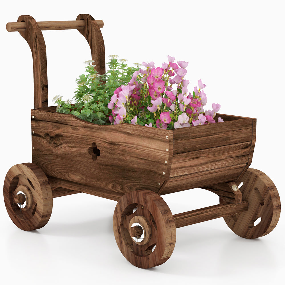 Decorative wooden wagon cart in rustic brown, featuring a drainage hole, for displaying flowers and plants.