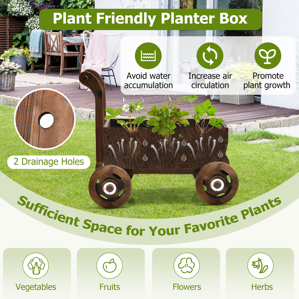 Decorative wooden wagon cart in rustic brown with drainage holes, ideal for displaying plants and enhancing garden.