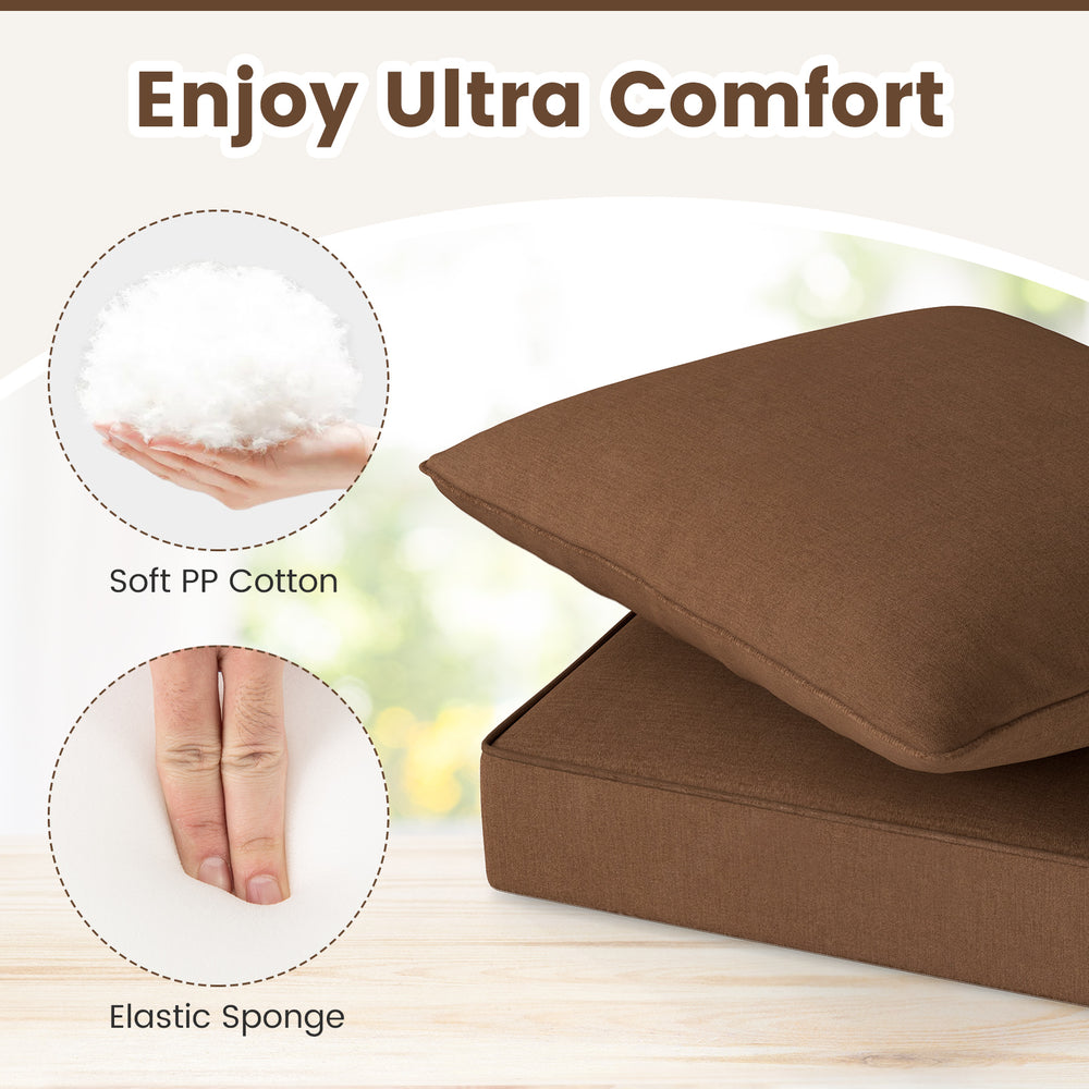 Brown deep seat chair cushion pads set showcasing soft PP cotton and elastic sponge for ultimate comfort indoors and.