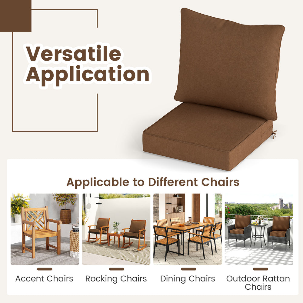 Deep seat chair cushion pads in brown with rope belts for indoor and outdoor use, featuring high resilience cotton.