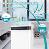White 57 Pint dehumidifier for home and basement, featuring LED display and 4 wheels for easy mobility, suitable for.