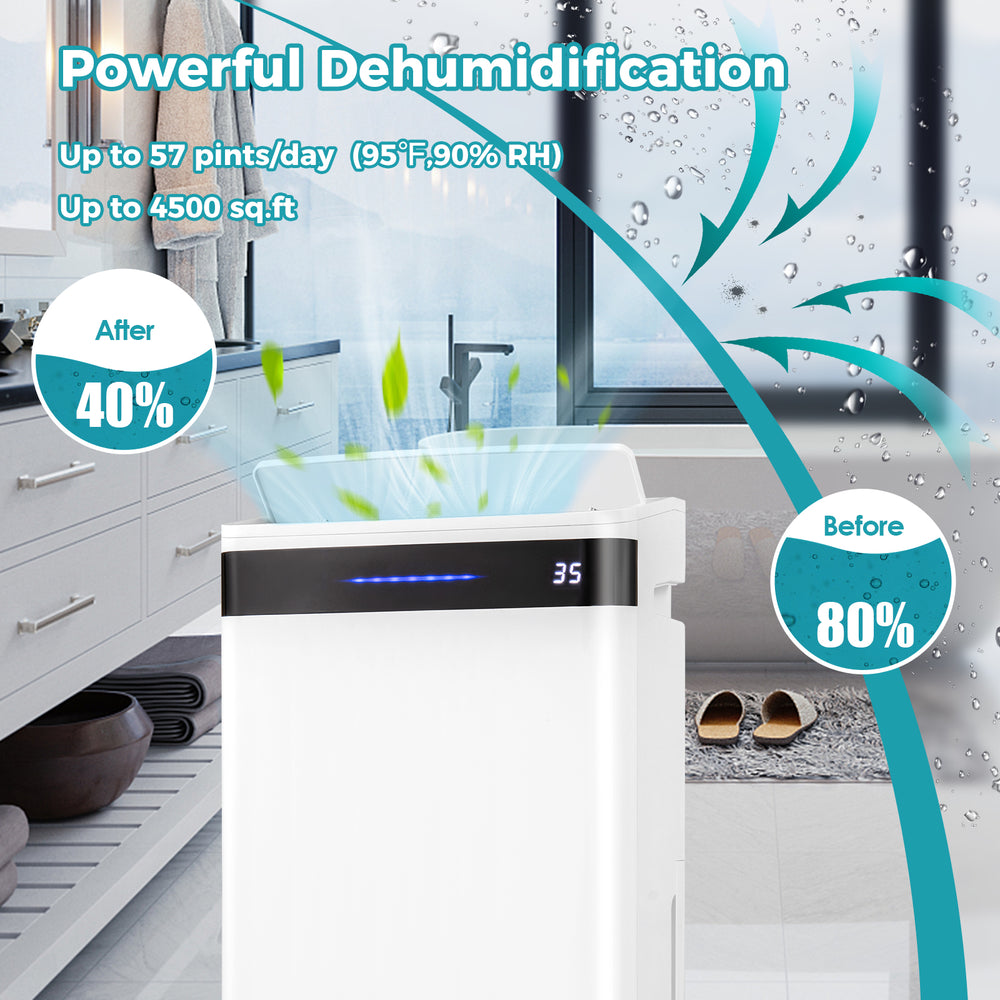 White 57 Pint dehumidifier for home and basement, featuring LED display and 4 wheels for easy mobility, suitable for.