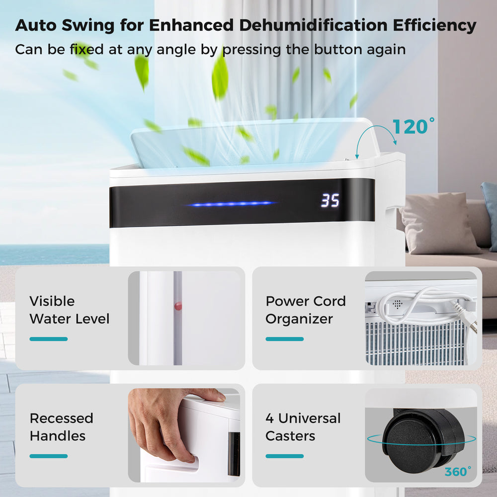 Dehumidifier with 120° auto swing, visible water level, and 4 universal casters for easy mobility in large spaces.