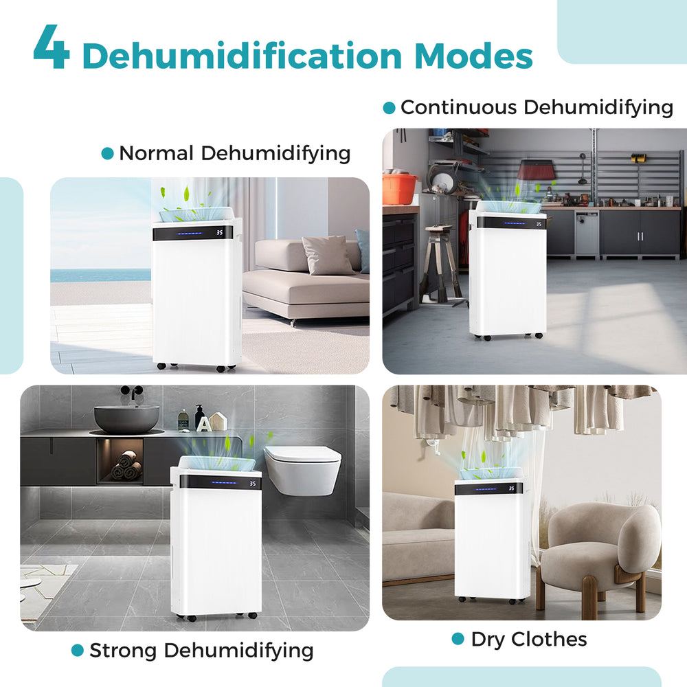 Dehumidifier with four modes displayed, featuring a touch panel and large water tank for efficient moisture removal.