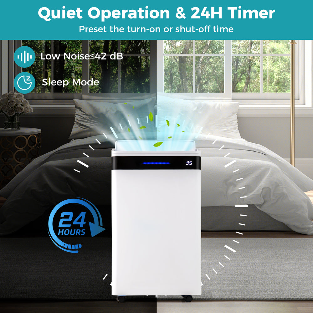 White 57 Pint dehumidifier with LED display, 24h timer, and low noise operation for efficient home humidity control.