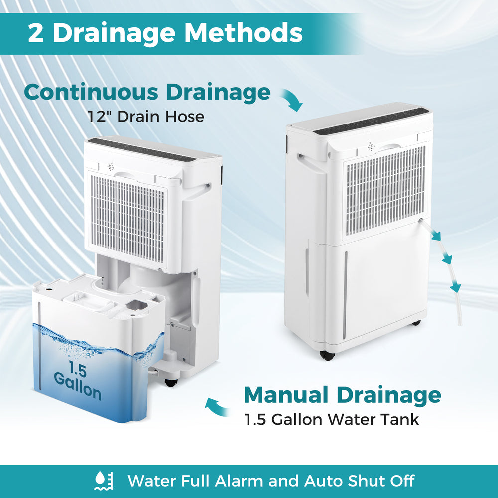 Dehumidifier showing two drainage methods: continuous drainage with a 12" hose and manual drainage with a 1.5-gallon.