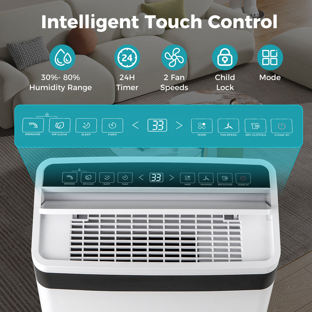 Touch control panel of the 4500 Sq. Ft 57 Pint Dehumidifier with LED display and 4 dehumidification modes.