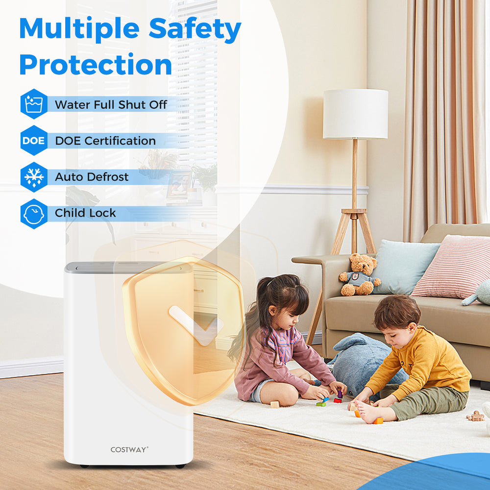Dehumidifier with auto drain and manual drainage, featuring child lock and adjustable humidity settings for home use.