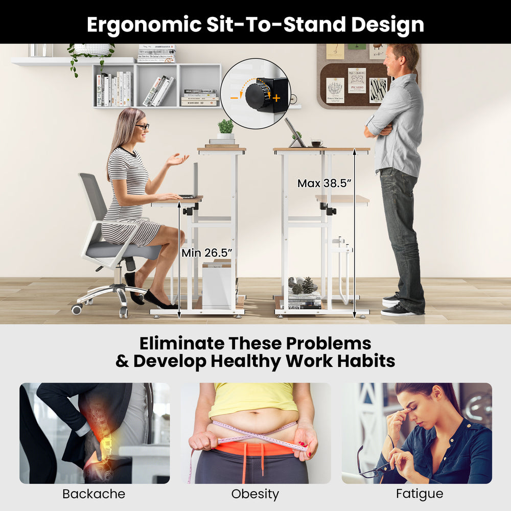 Height adjustable standing desk with ergonomic footrest, perfect for small spaces and promoting healthy work habits.
