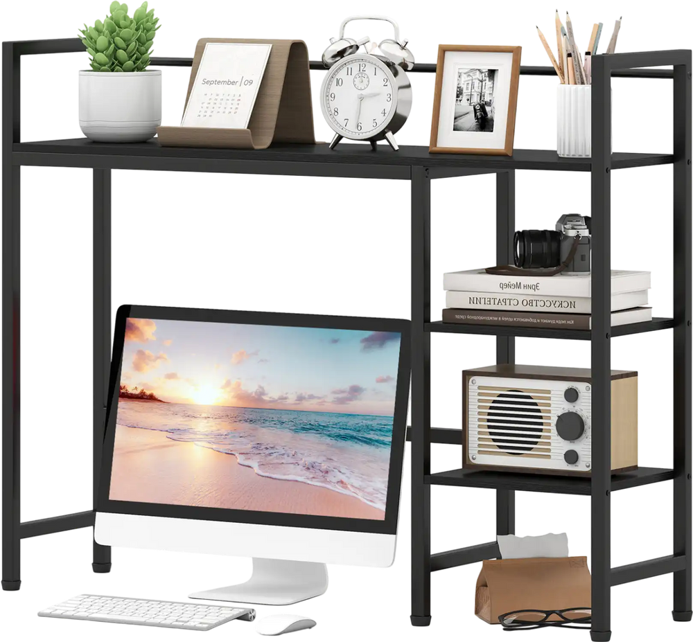 Black desktop bookshelf with 4 open shelves and a large hutch for monitors, ideal for home or office organization.