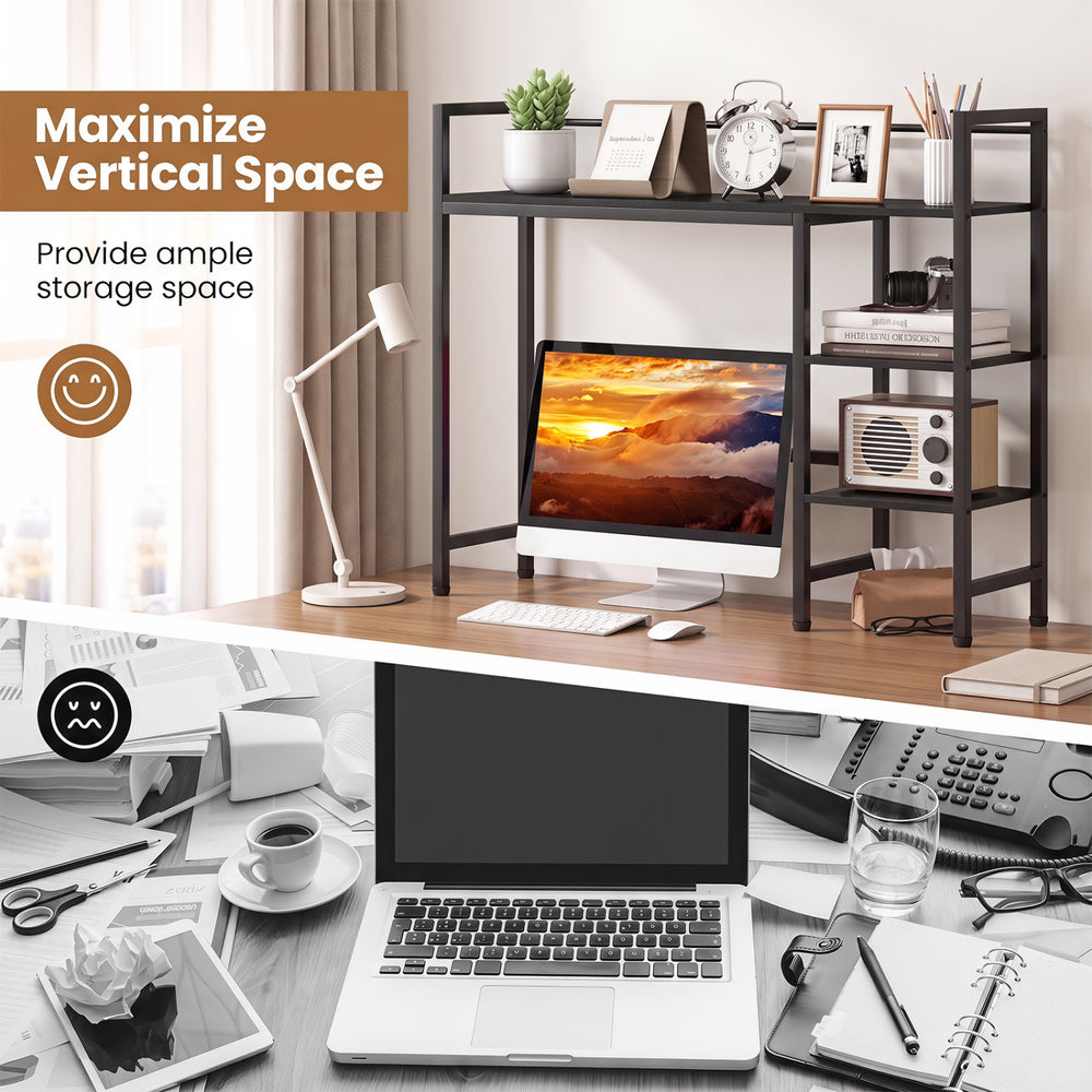 Desktop bookshelf with 4 open shelves and sturdy metal frame, designed to maximize vertical space for home office use.