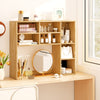 Desktop bookshelf in yellow with 7 open cubbies and 3 adjustable shelves, perfect for organizing a vanity or desk.