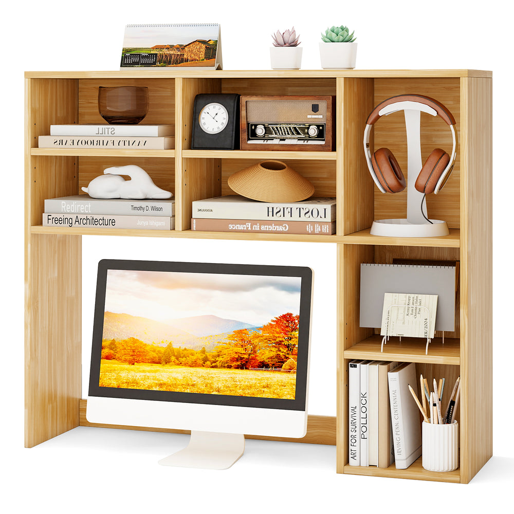 Desktop bookshelf in yellow with 7 open cubbies and 3 adjustable shelves, ideal for organizing books and decor.