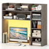 Desktop bookshelf with LED lights, oak finish, featuring adjustable shelves and monitor space for organized storage.