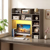 Desktop bookshelf with LED lights, oak finish, featuring adjustable shelves and monitor space for organized storage.