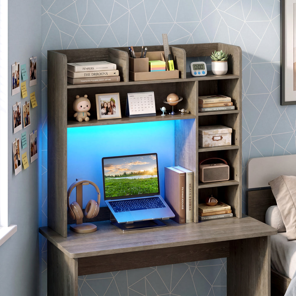 Desktop bookshelf with LED lights, featuring a top 3-section shelf and open compartment for stylish monitor placement.