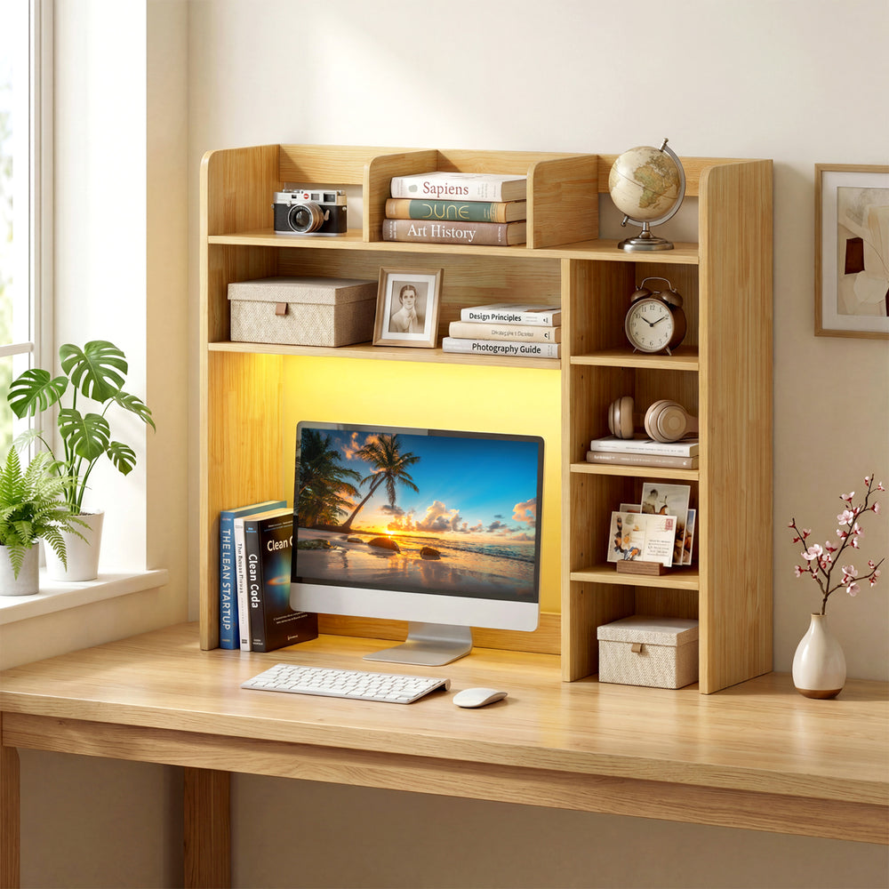 Desktop Bookshelf with LED Lights 35.5 inch Desk Hutch Storage Organizer-Beige - Gallery View 1 of 11
