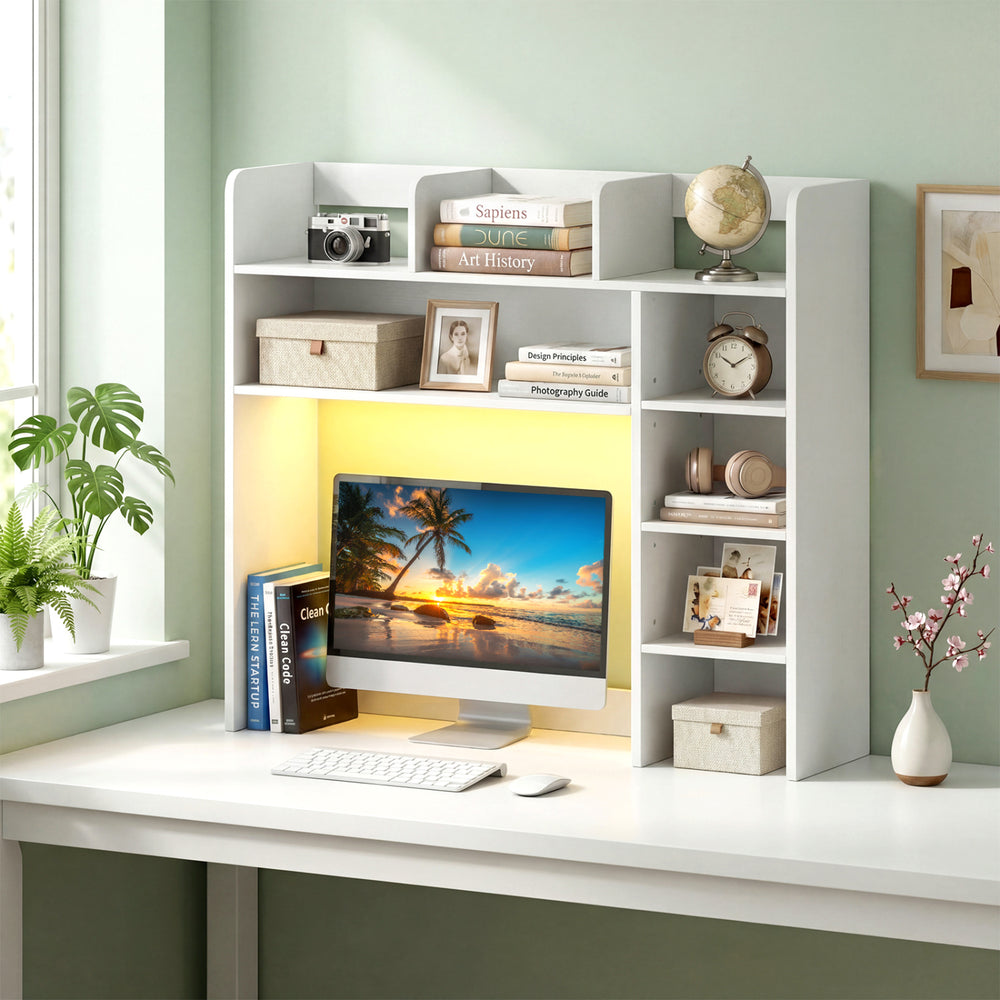 Desktop Bookshelf with LED Lights 35.5 inch Desk Hutch Storage Organizer-White - Gallery View 1 of 10