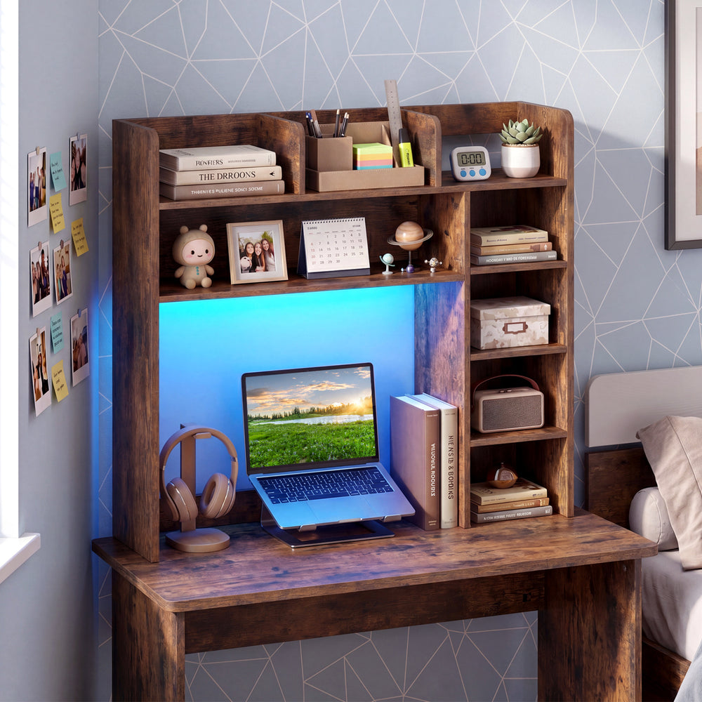 Desktop Bookshelf with LED Lights 35.5 inch Desk Hutch Storage Organizer-Rustic Brown - Gallery View 1 of 10