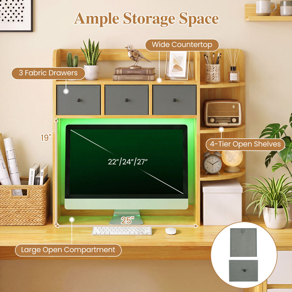 Desktop bookshelf with LED lights, 5-tier shelves, and 3 fabric drawers for home office organization and personalized lighting.