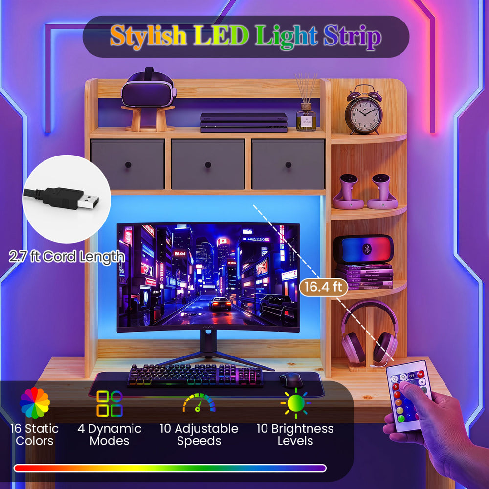 Desktop bookshelf with LED lights, 5-tier shelves, 3 drawers, and customizable lighting for home office organization.