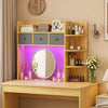 Desktop bookshelf with LED lights, 5-tier shelves, and 3 drawers, ideal for home office or vanity area organization.