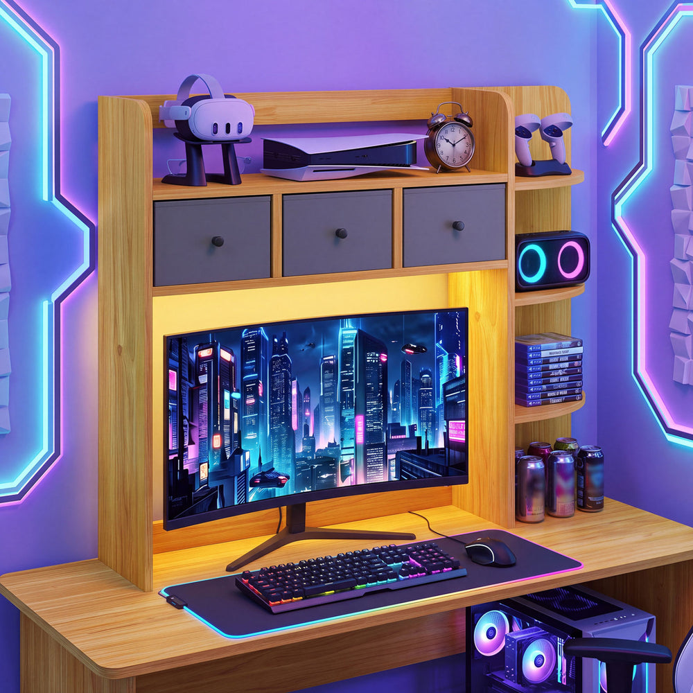 Desktop bookshelf with LED lights, 5-tier shelves, and 3 drawers, perfect for home office organization and style.