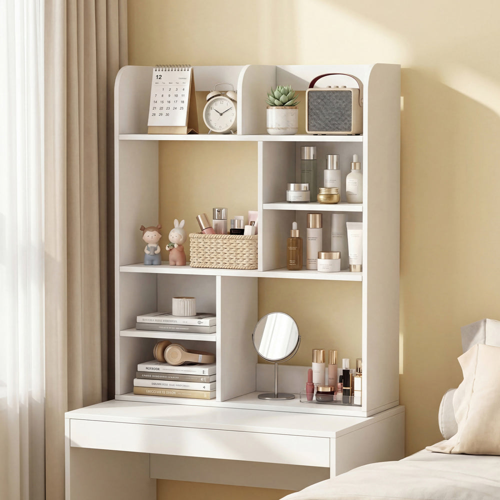 Desktop display rack in white with 8 open cubes, ideal for home office organization and stability with anti-toppling.