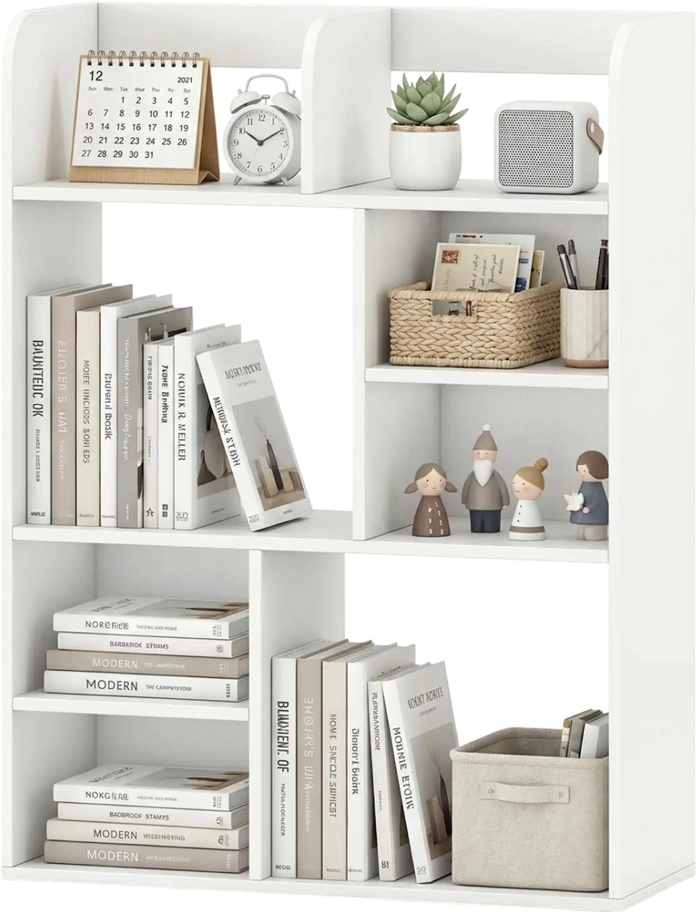 White desktop display rack with 8 open cubes, ideal for home office storage and organization, featuring anti-toppling.