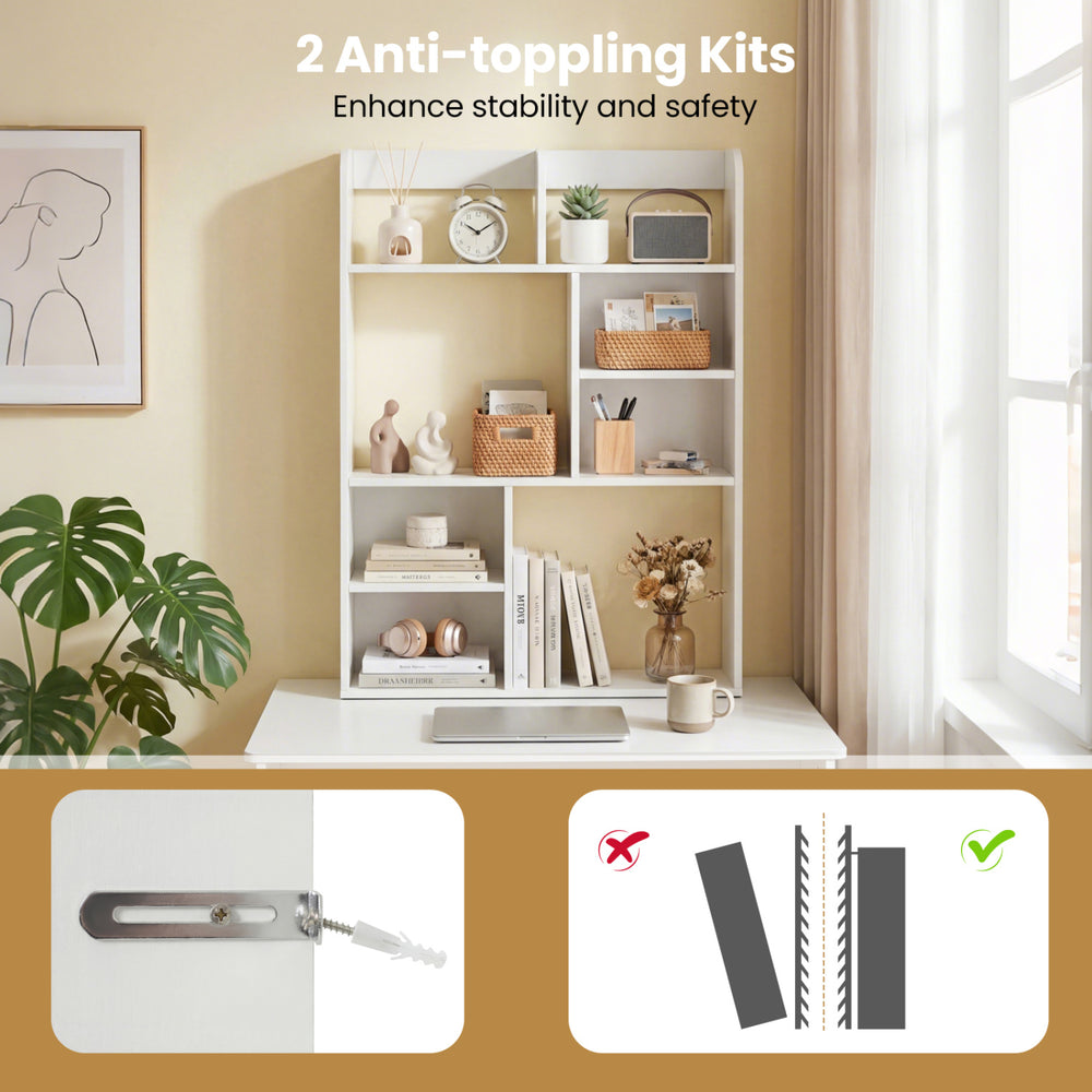 Desktop display rack with 8 open cubes, featuring anti-toppling kits for enhanced stability and safety in home office.