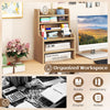 6-tier mini desktop organizer in natural wood finish with removable shelves for efficient stationery storage.