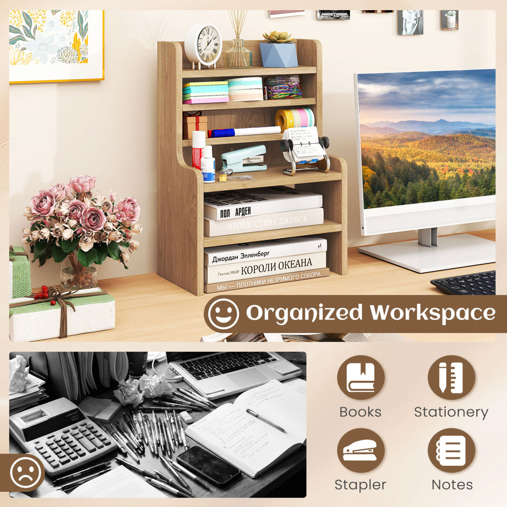 6-tier mini desktop organizer in natural wood finish with removable shelves for efficient stationery storage.