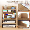 6-tier desktop organizer in natural wood with removable shelves, featuring anti-fall baffles and sleek curved edges.