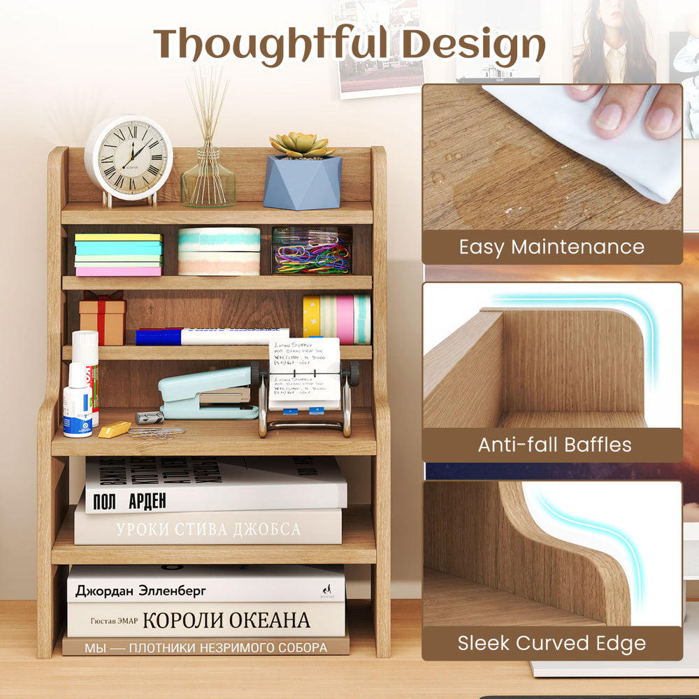 6-tier desktop organizer in natural wood with removable shelves, featuring anti-fall baffles and sleek curved edges.