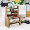 6-tier mini storage rack in natural wood with removable shelves, ideal for organizing office supplies on a desktop.