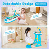 Kids piano keyboard toy in blue with microphone, placed on the floor, designed for ages 3+, promoting musical.