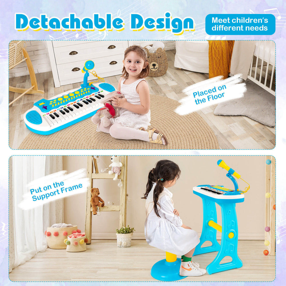Kids piano keyboard toy in blue with microphone, placed on the floor, designed for ages 3+, promoting musical.