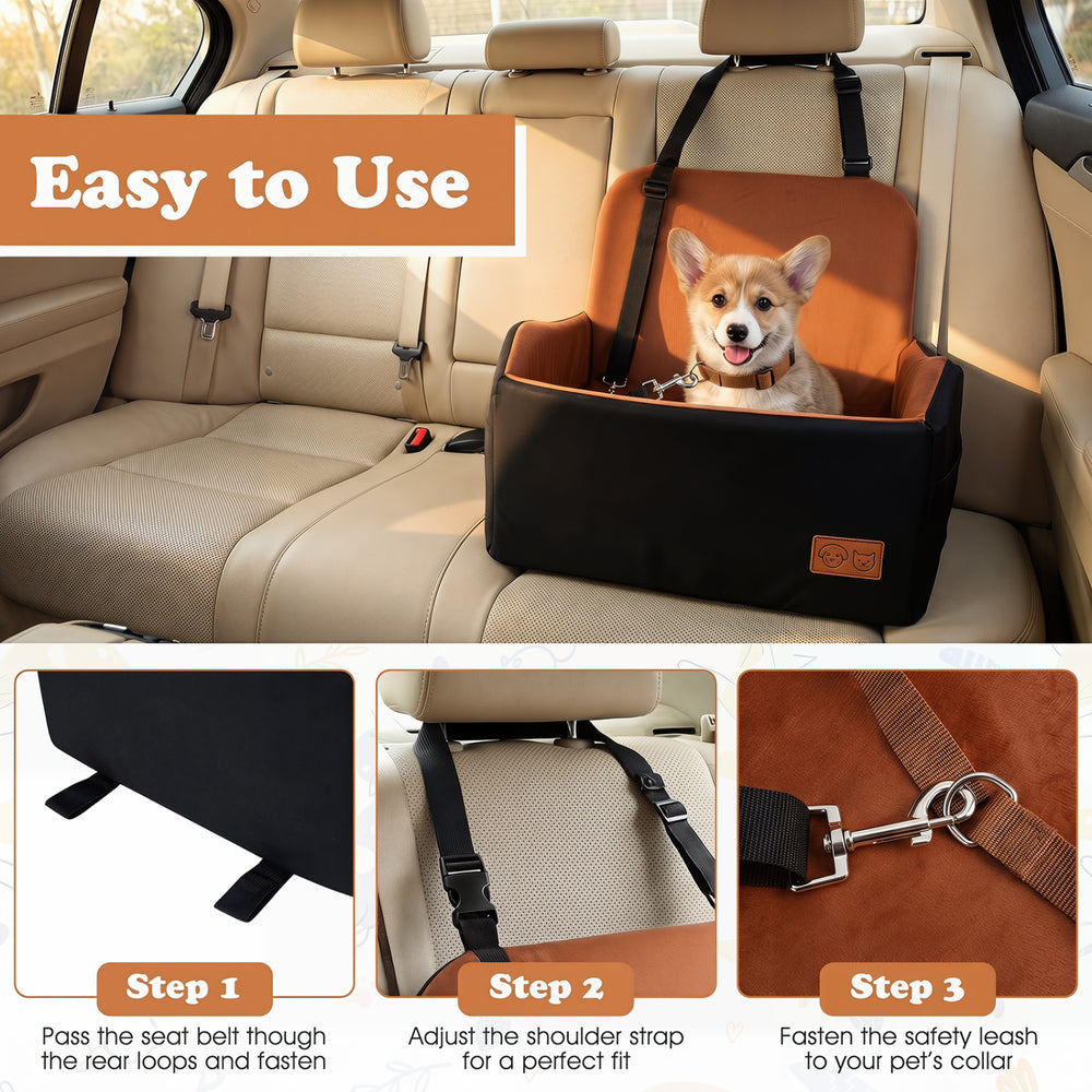 Detachable dog booster car seat with adjustable strap and safety leash, ideal for secure travel in vehicles.