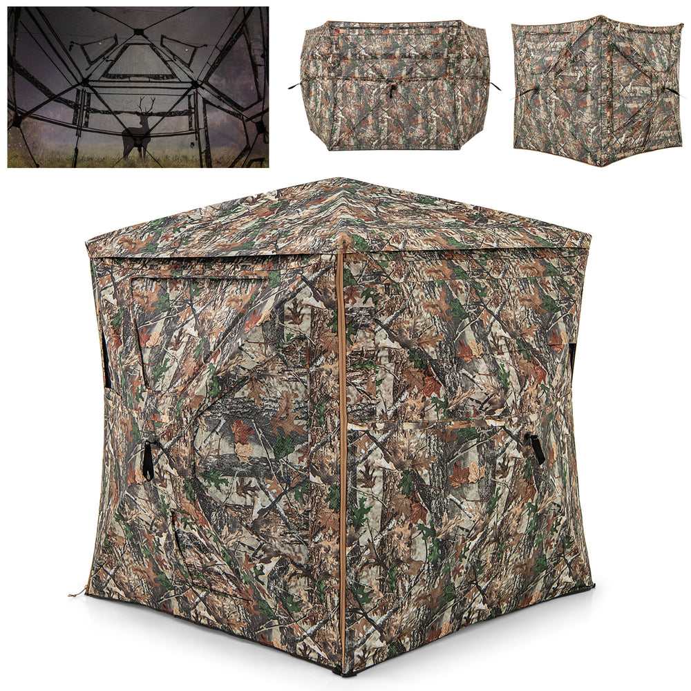 5-IN-1 detachable hunting blind with camouflage pattern, skylight, and 3 shooting windows for 2-3 people.