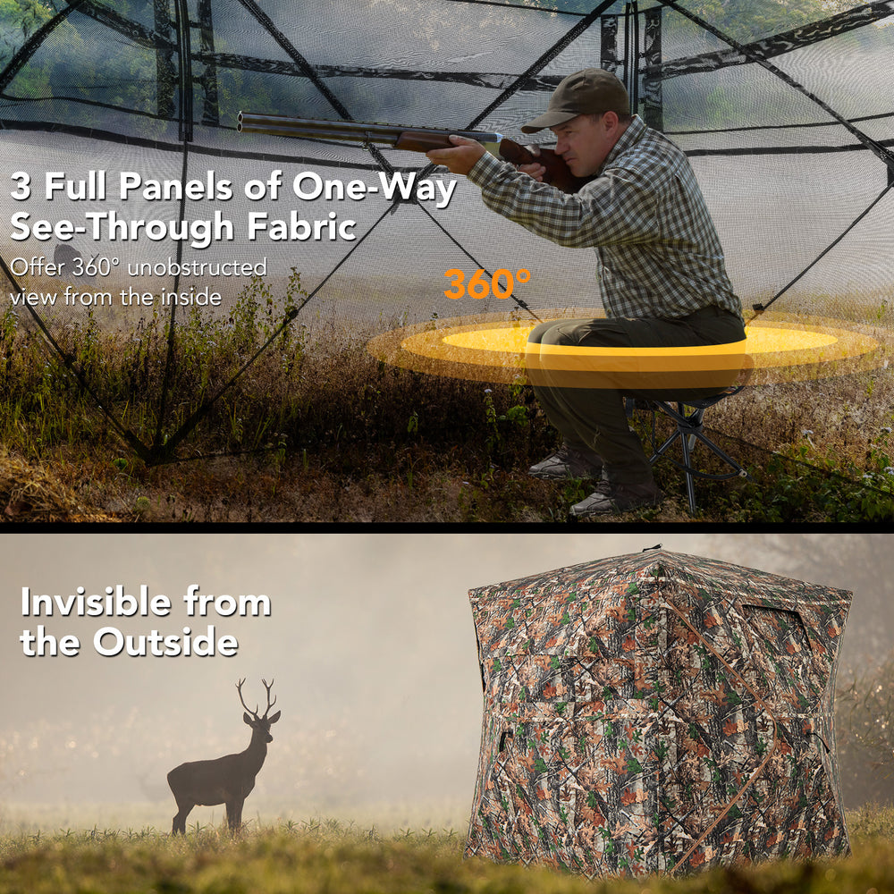 5-IN-1 detachable hunting blind with 360° visibility, camouflage pattern, and removable roof for stealthy outdoor use.