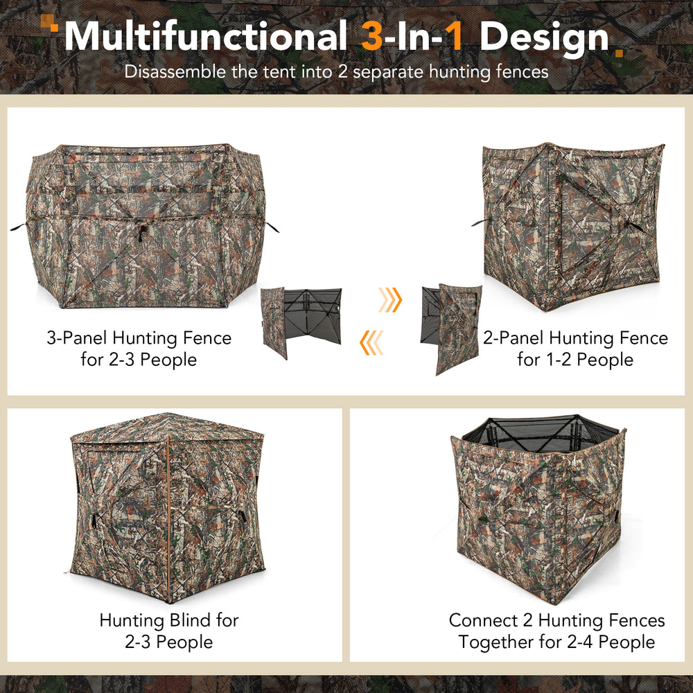 Detachable hunting blind for 2-3 people with camouflage design, featuring 360-degree visibility and removable roof.