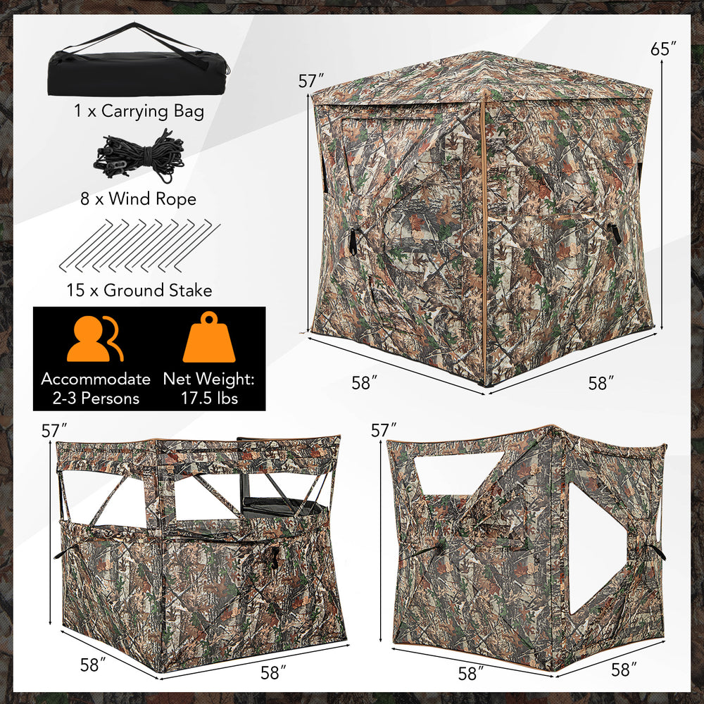Detachable hunting blind with camouflage pattern, 5 see-through panels, and skylight for 2-3 people, ideal for stealthy.