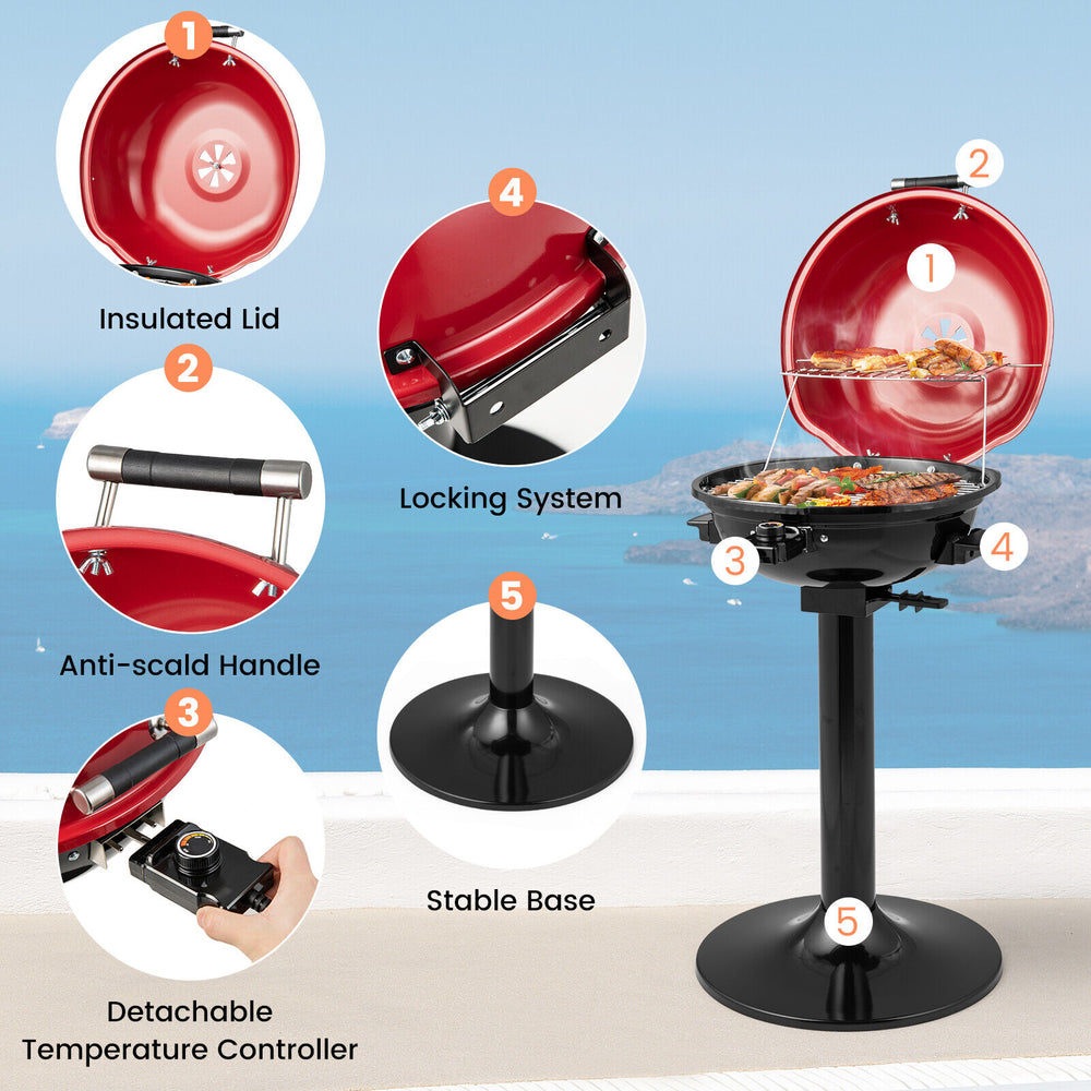 Red 1600W electric BBQ grill with insulated lid, removable warming rack, and stable base for indoor and outdoor use.