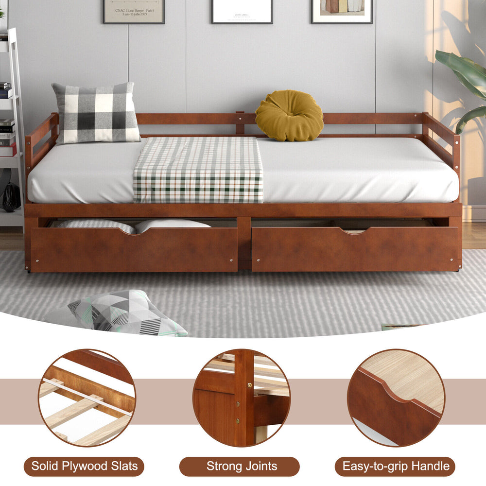 Extendable twin to king daybed with trundle and storage drawers, featuring a sturdy wood frame and modern design.