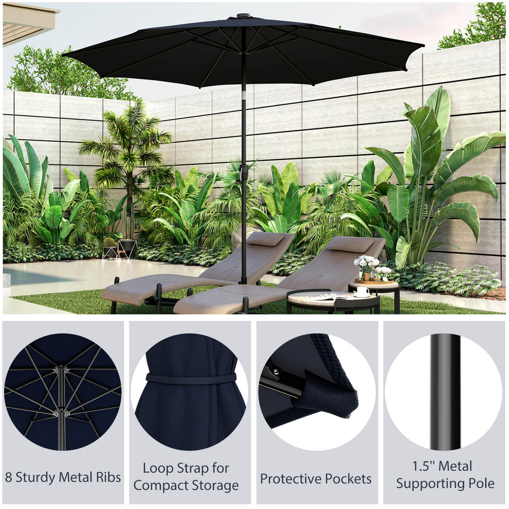 10-foot navy patio umbrella with 112 solar LED lights, crank handle, and sturdy 8 metal ribs for stability.
