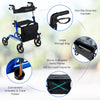 Folding aluminum rollator walker in blue with 8-inch wheels, large storage bag, and adjustable height for user comfort.